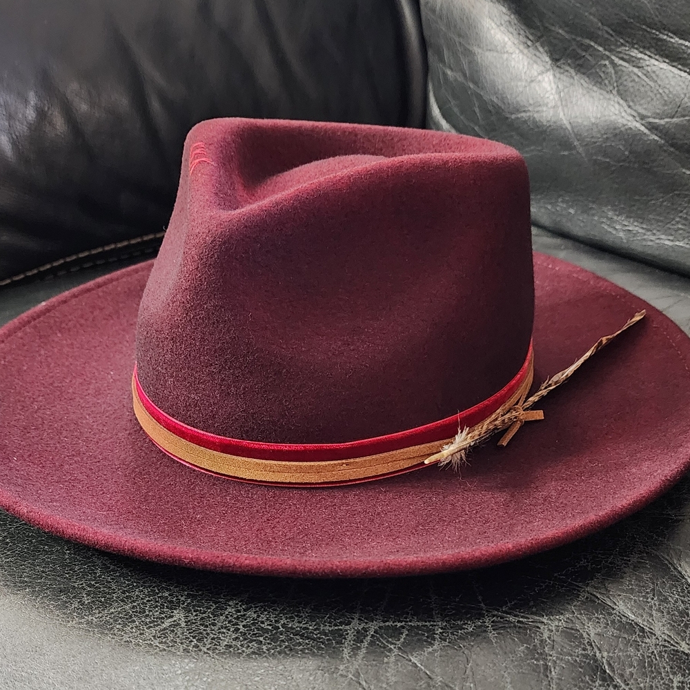 ***SOLD***Buckle Burgundy Rancher Hat with Feather Accent